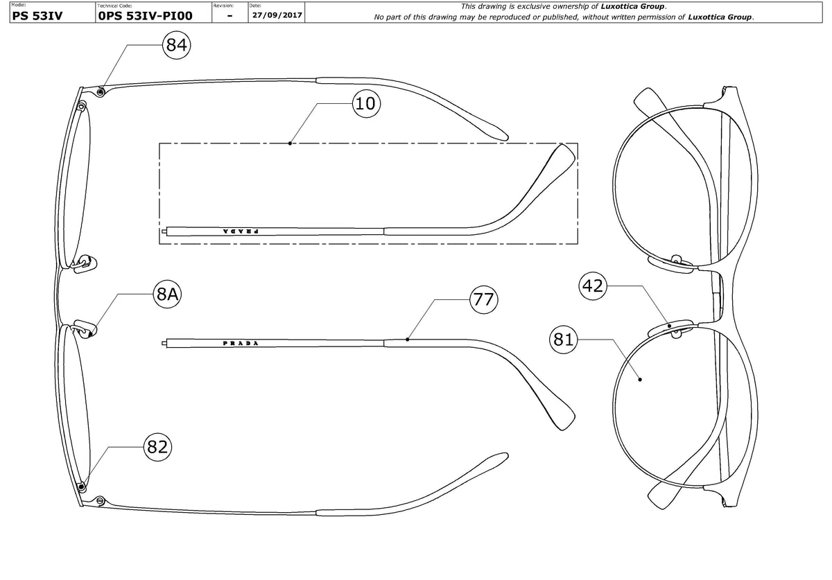 Exploded technical drawing of the Prada Linea Rossa PS 53IV Glasses Replacement Parts, with each replacement part numbered