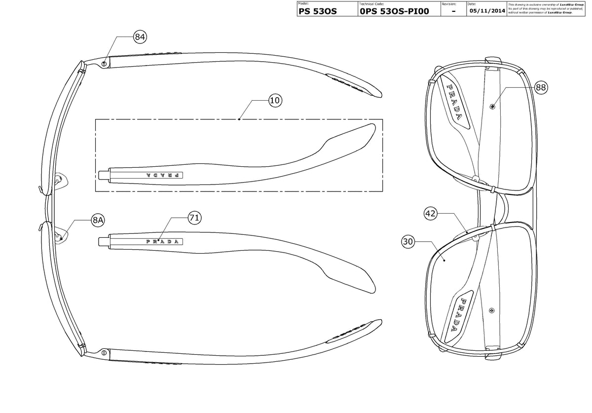 Enlarged technical drawing of the Prada Linea Rossa PS 53OS Replacement Parts