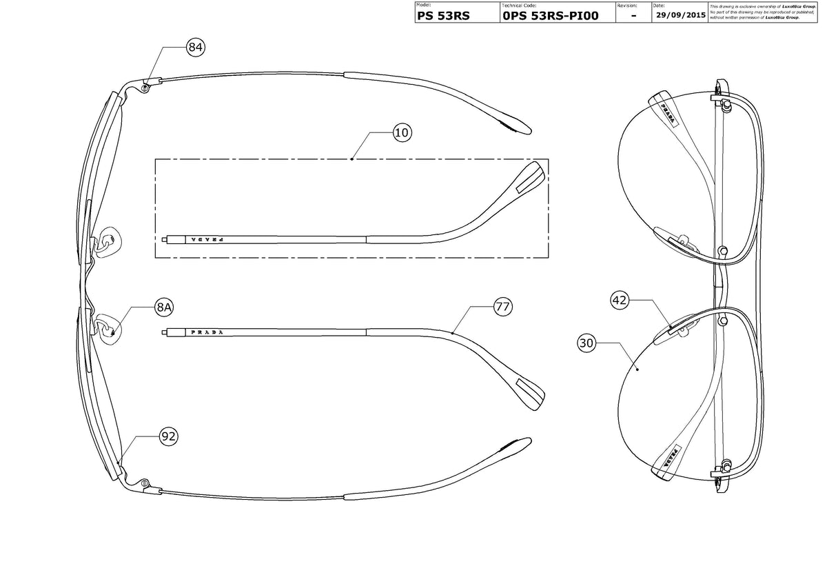 Exploded technical drawing of the Prada Linea Rossa PS 53RS Replacement Parts, with each replacement part numbered