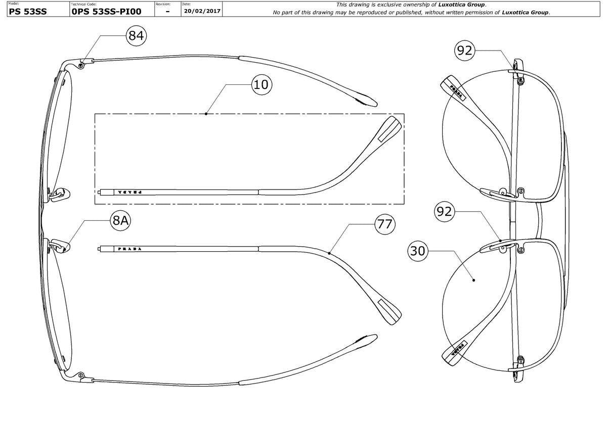Exploded technical drawing of the Prada Linea Rossa PS 53SS Replacement Parts, with each replacement part numbered
