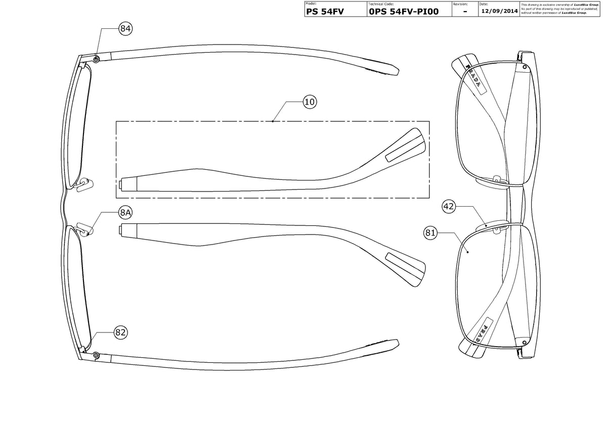 Exploded technical drawing of the Prada Linea Rossa PS 54FV Glasses Replacement Parts, with each replacement part numbered