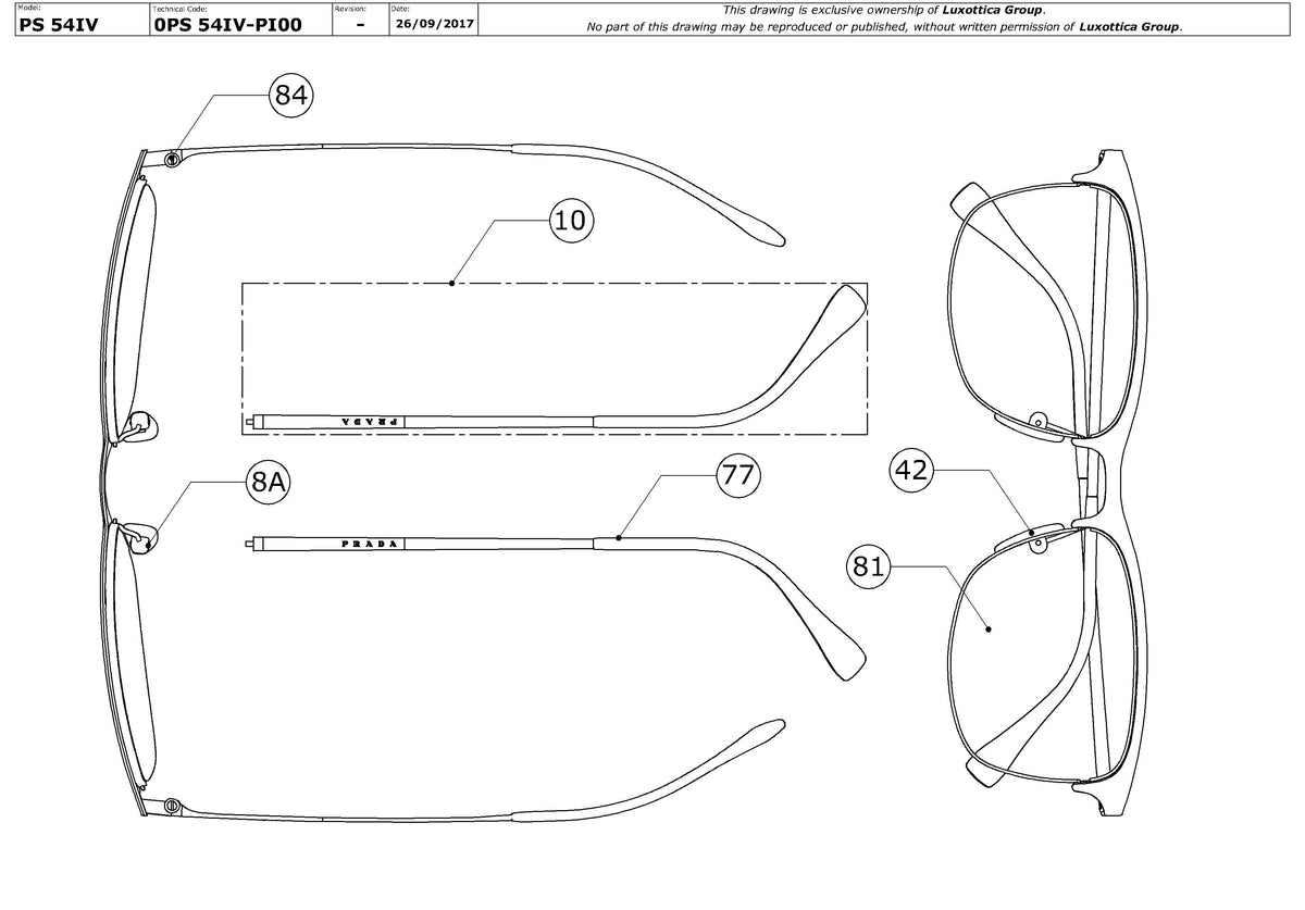 Enlarged technical drawing of the Prada Linea Rossa PS 54IV Glasses Replacement Parts