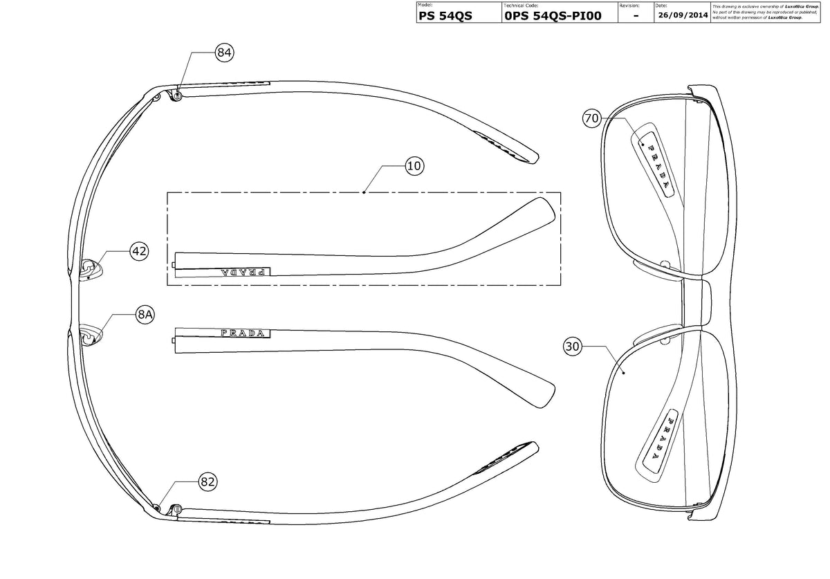 Exploded technical drawing of the Prada Linea Rossa PS 54QS Replacement Parts, with each replacement part numbered