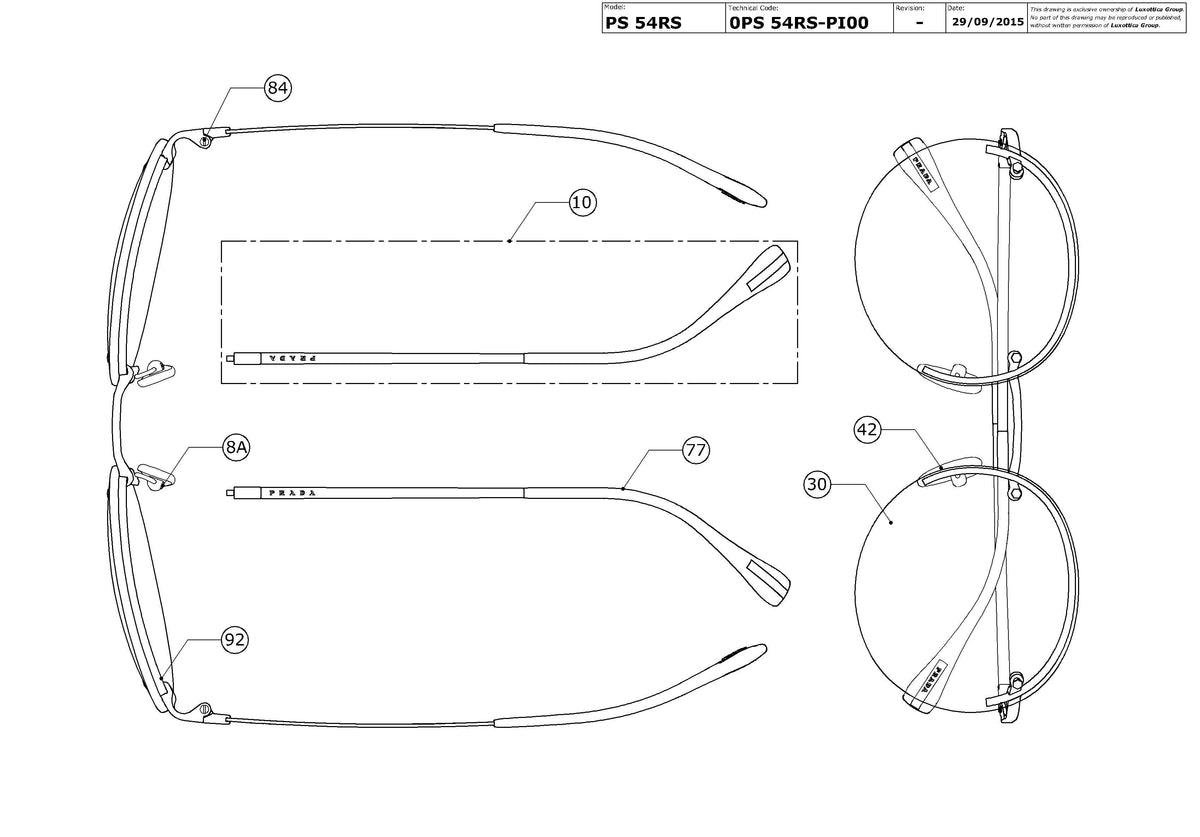 Exploded technical drawing of the Prada Linea Rossa PS 54RS Replacement Parts, with each replacement part numbered