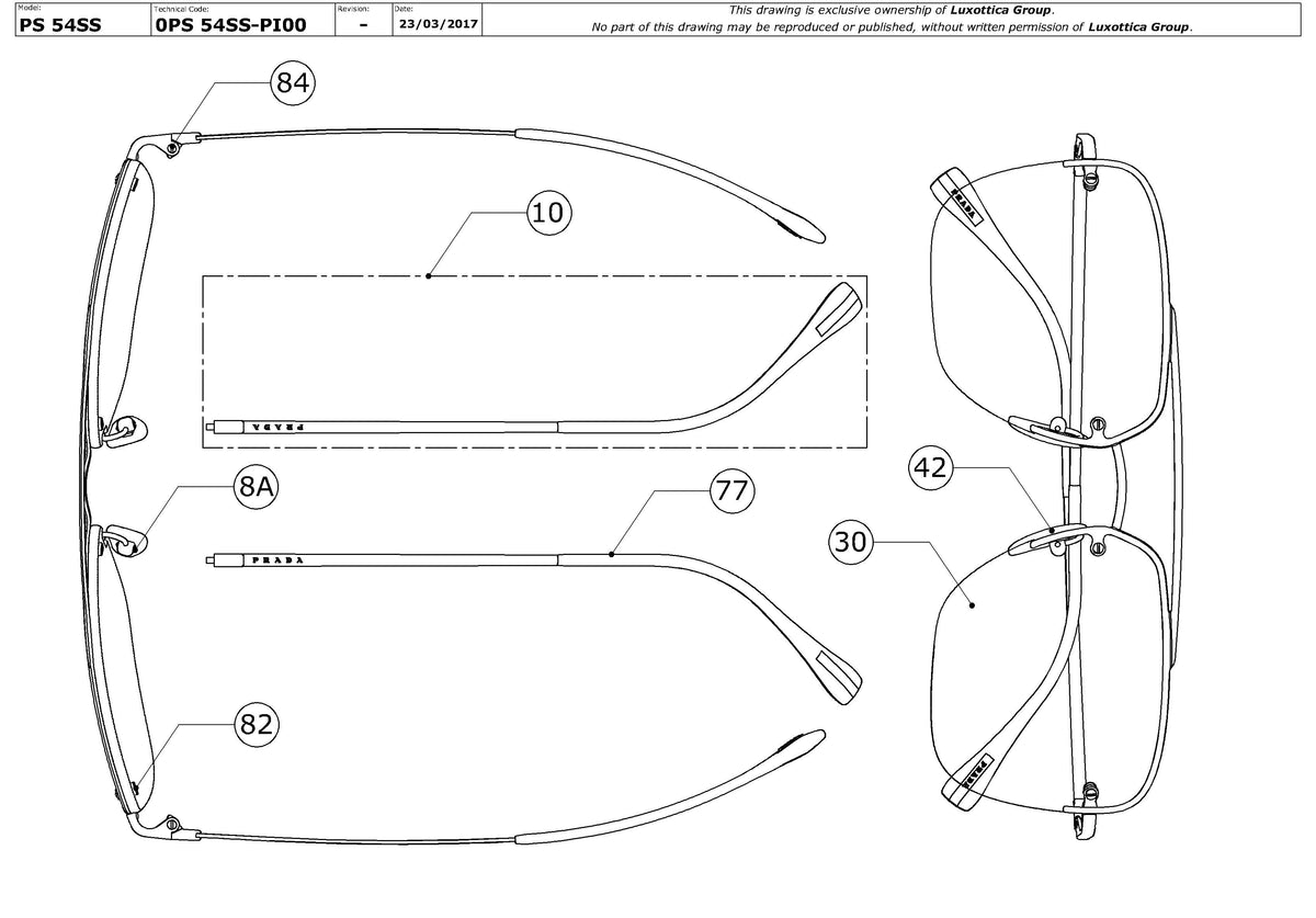Exploded technical drawing of the Prada Linea Rossa PS 54SS Replacement Parts, with each replacement part numbered