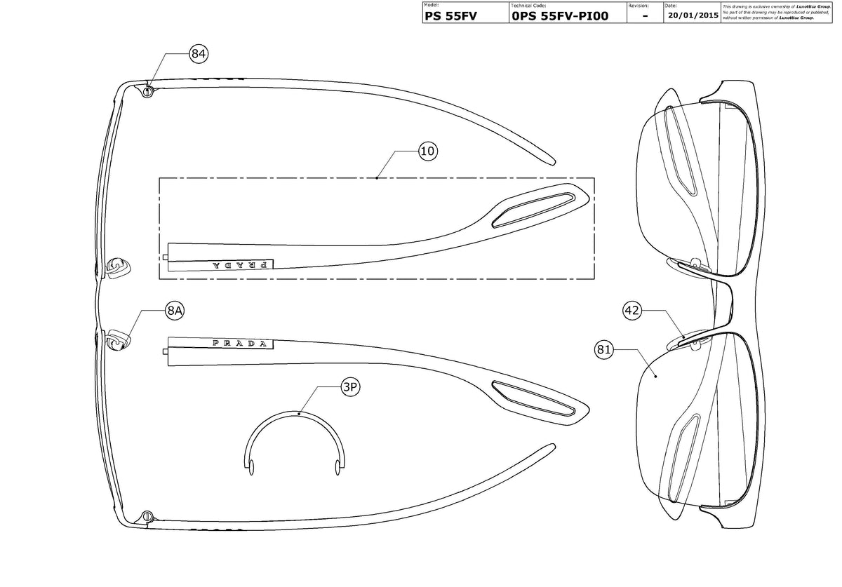 Enlarged technical drawing of the Prada Linea Rossa PS 55FV Glasses Replacement Parts