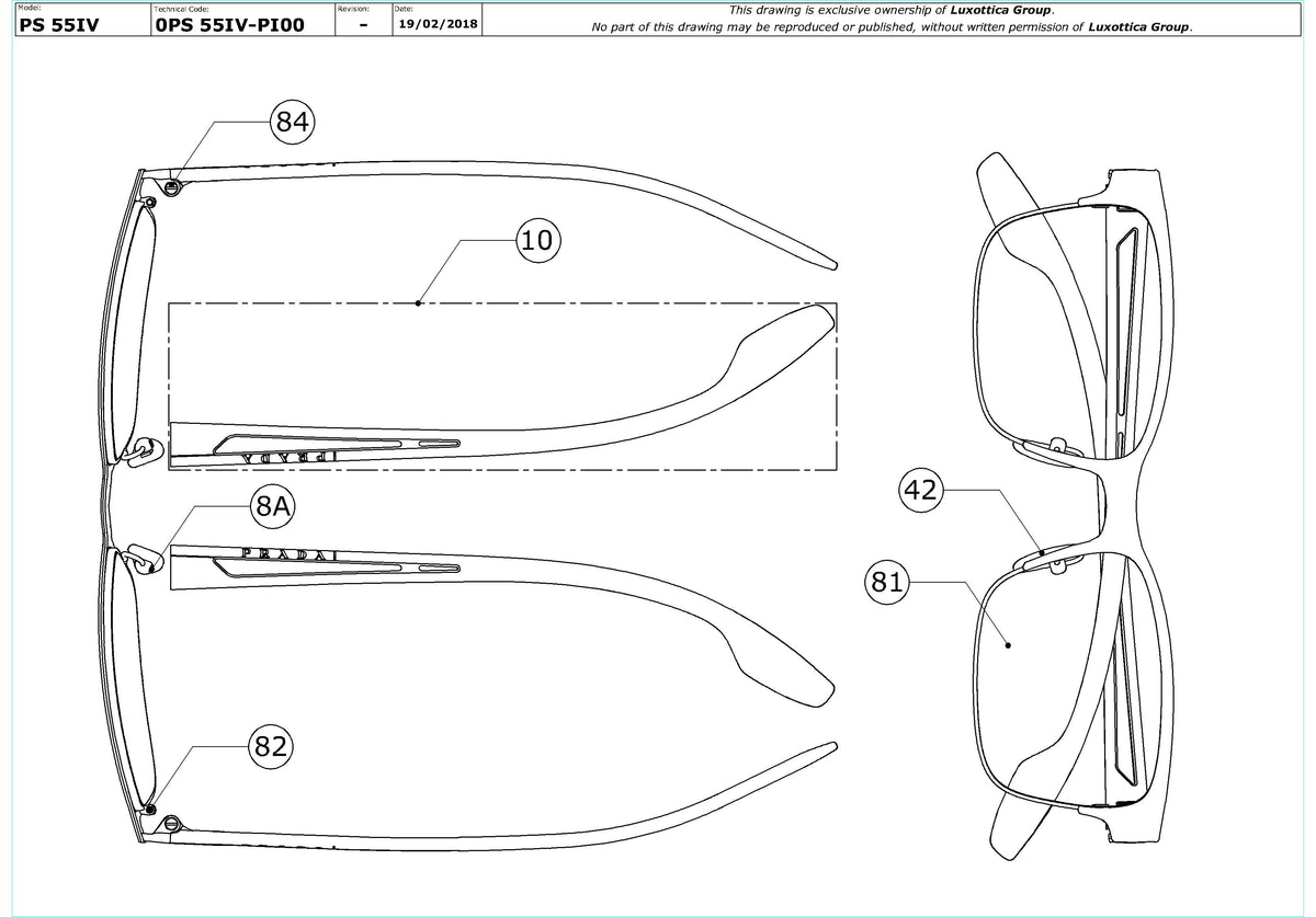 Exploded technical drawing of the Prada Linea Rossa PS 55IV Glasses Replacement Parts, with each replacement part numbered