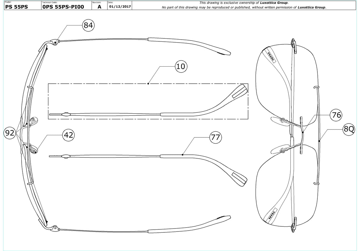 Enlarged technical drawing of the Prada Linea Rossa PS 55PS Replacement Parts