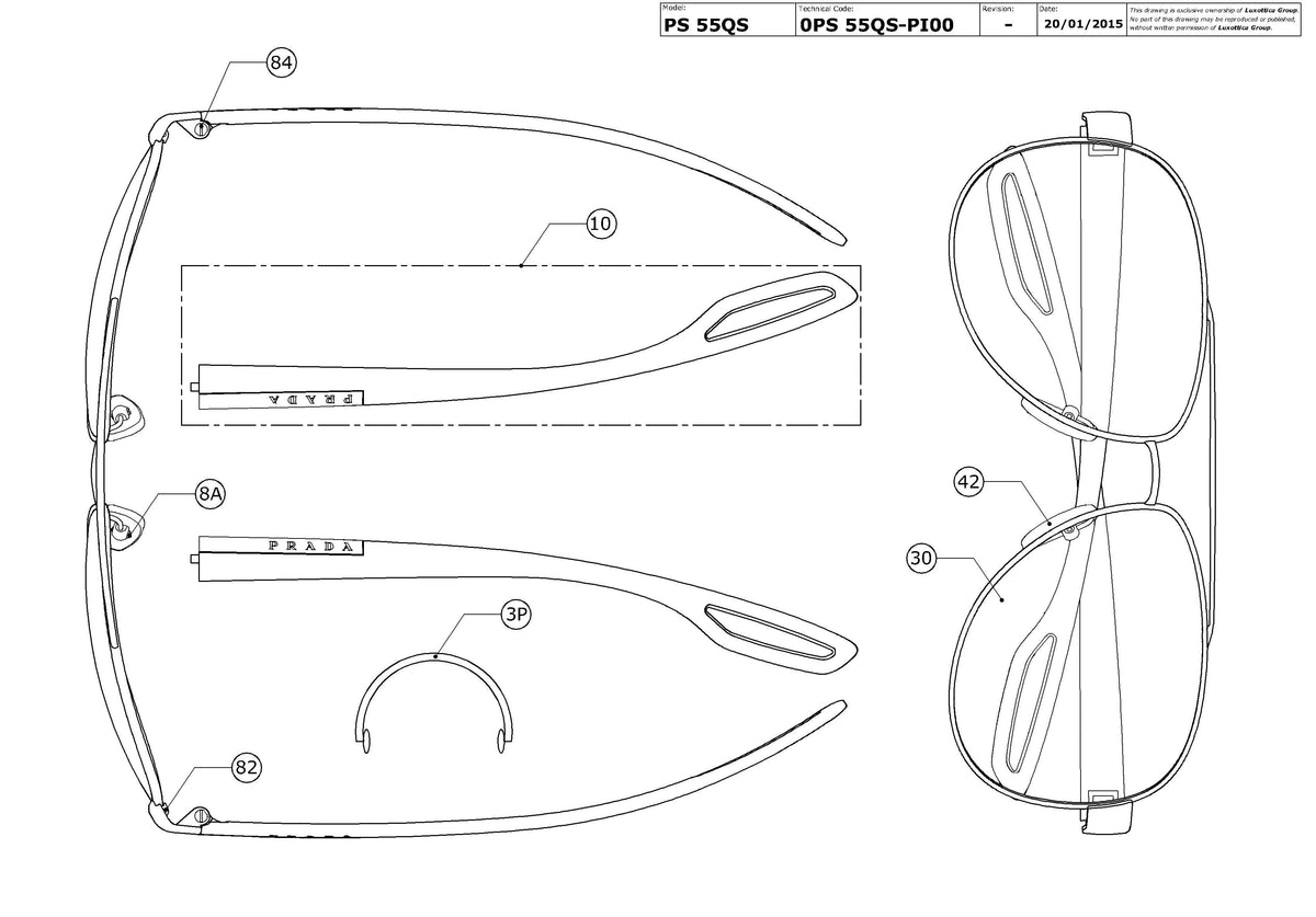 Exploded technical drawing of the Prada Linea Rossa PS 55QS Replacement Parts, with each replacement part numbered