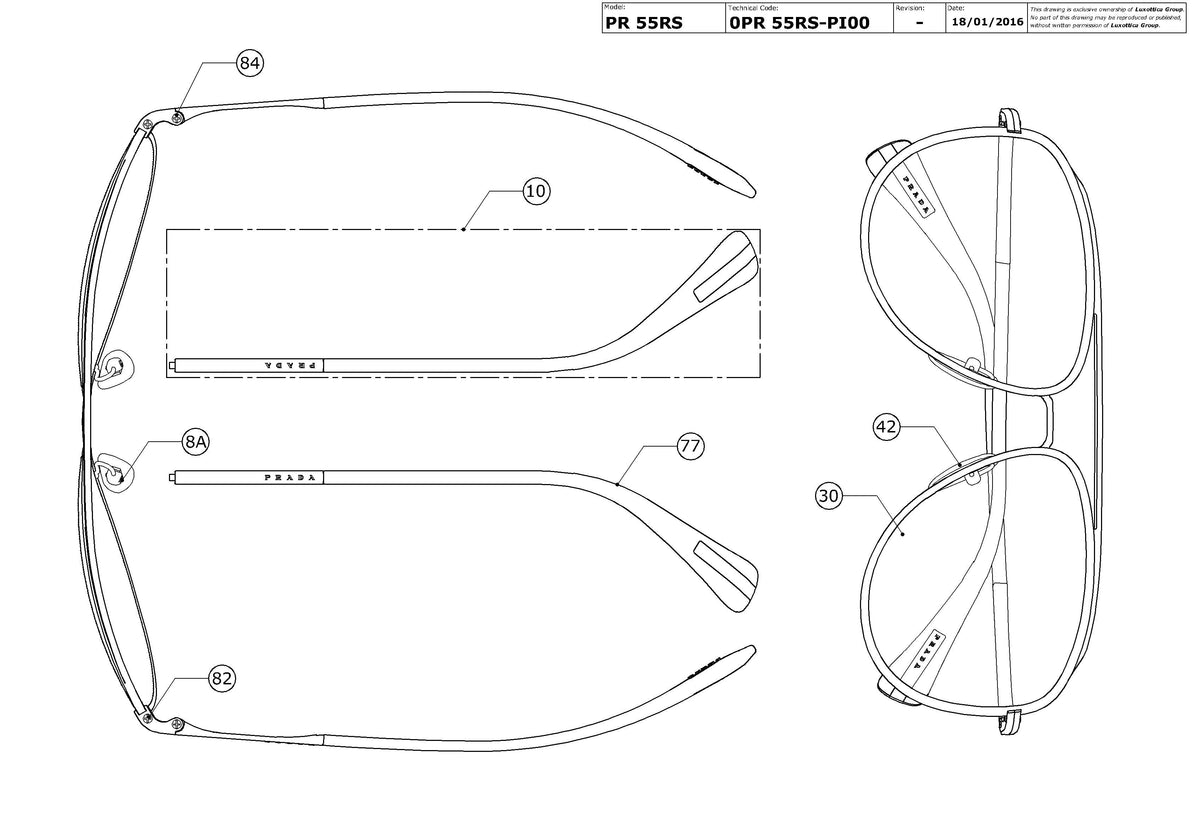 Exploded technical drawing of the Prada Linea Rossa PS 55RS Replacement Parts, with each replacement part numbered