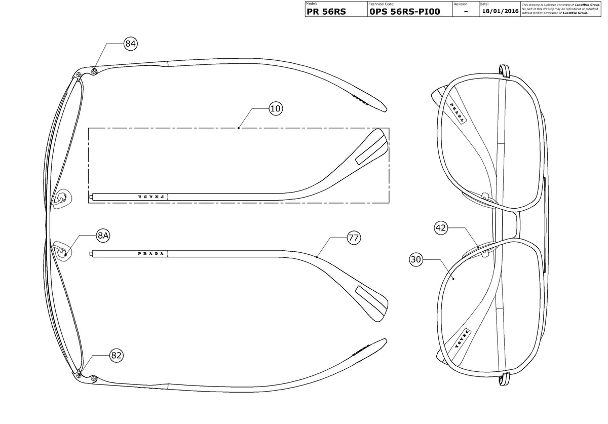 Exploded technical drawing of the Prada Linea Rossa PS 56RS Replacement Parts, with each replacement part numbered