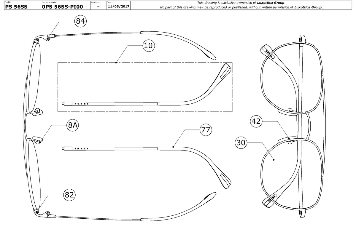 Exploded technical drawing of the Prada Linea Rossa PS 56SS Replacement Parts, with each replacement part numbered