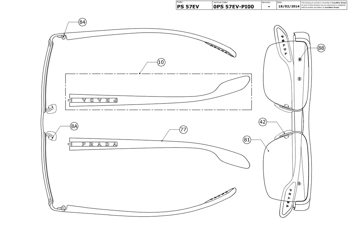 Enlarged technical drawing of the Prada Linea Rossa PS 57EV Glasses Replacement Parts