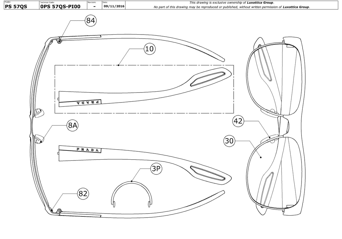 Exploded technical drawing of the Prada Linea Rossa PS 57QS Replacement Parts, with each replacement part numbered
