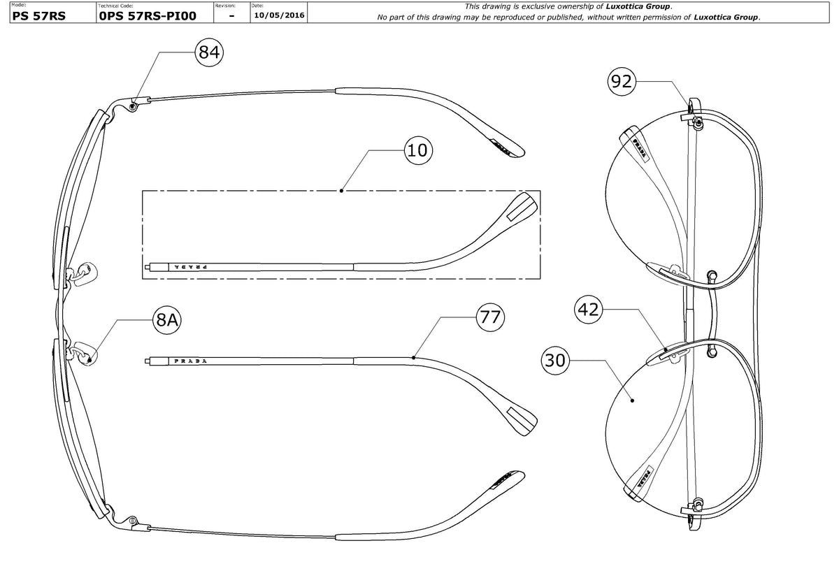 Exploded technical drawing of the Prada Linea Rossa PS 57RS Replacement Parts, with each replacement part numbered