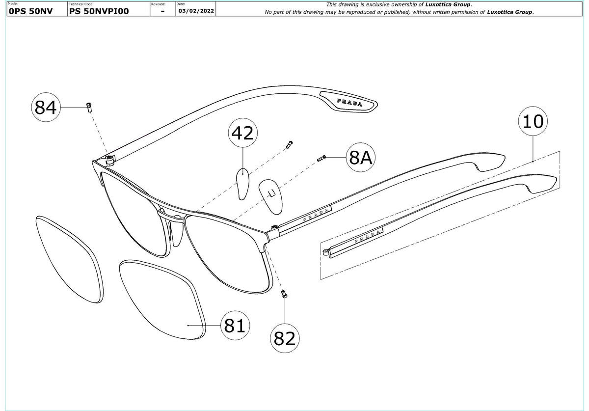 Exploded technical drawing of the Prada Linea Rossa PS 50NV Glasses Replacement Parts, with each replacement part numbered