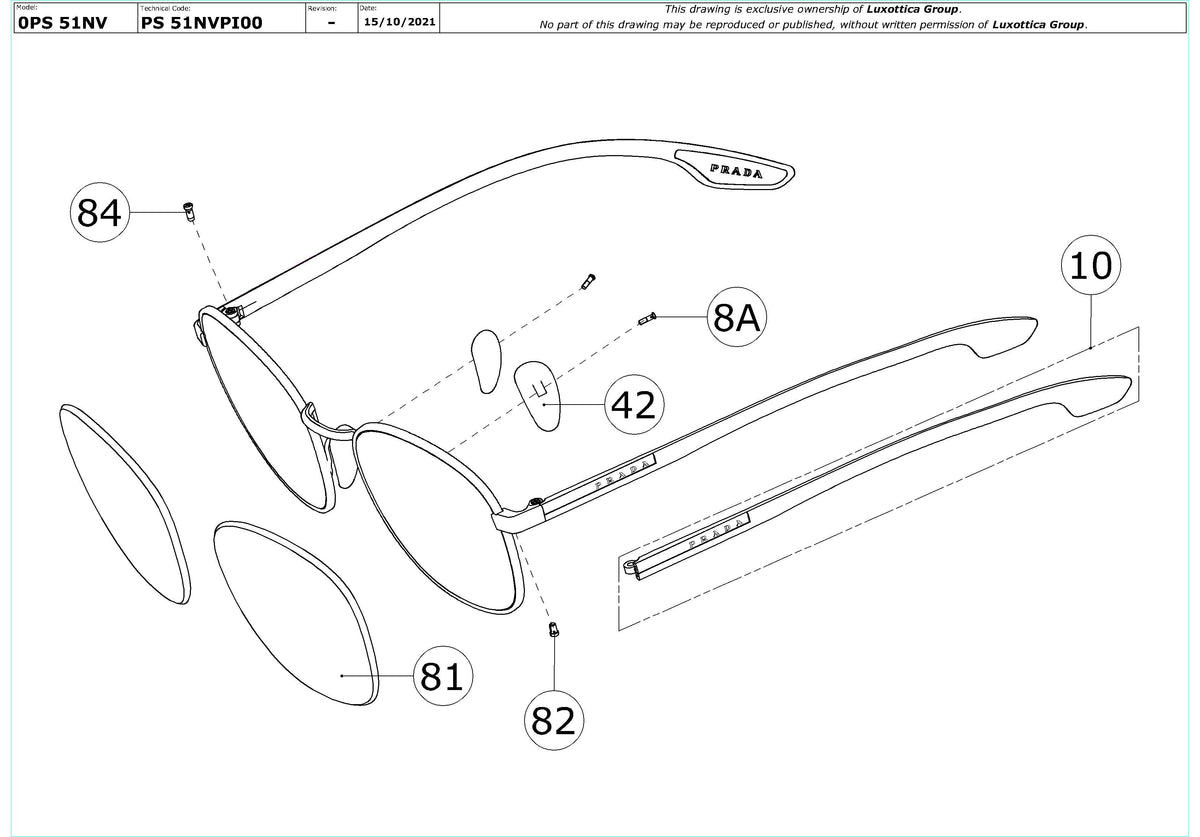 Exploded technical drawing of the Prada Linea Rossa PS 51NV Glasses Replacement Parts, with each replacement part numbered