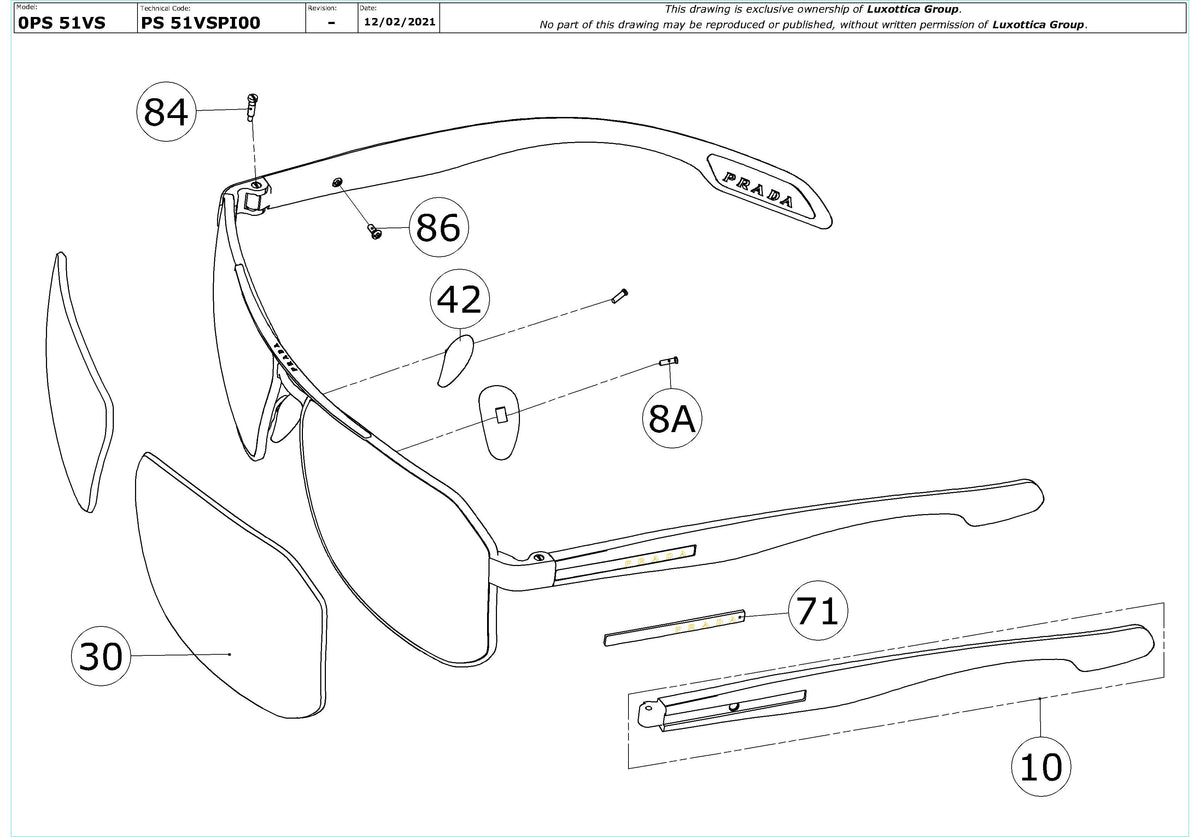 Enlarged technical drawing of the Prada Linea Rossa PS 51VS Replacement Parts