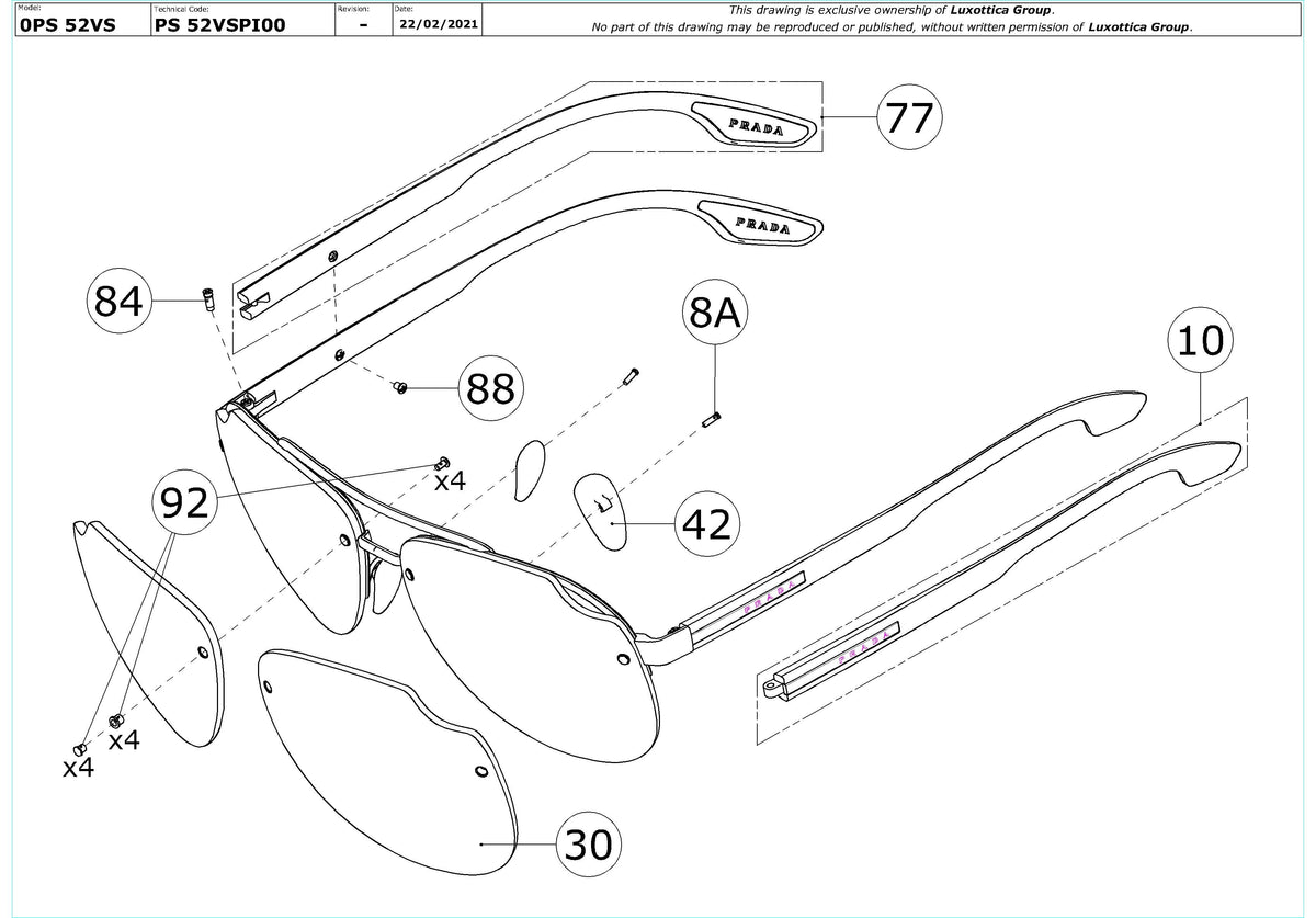 Enlarged technical drawing of the Prada Linea Rossa PS 52VS Replacement Parts