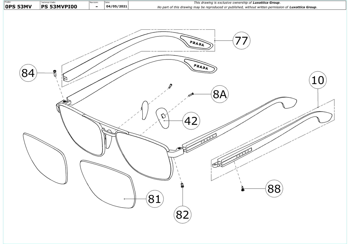 Enlarged technical drawing of the Prada Linea Rossa PS 53MV Glasses Replacement Parts