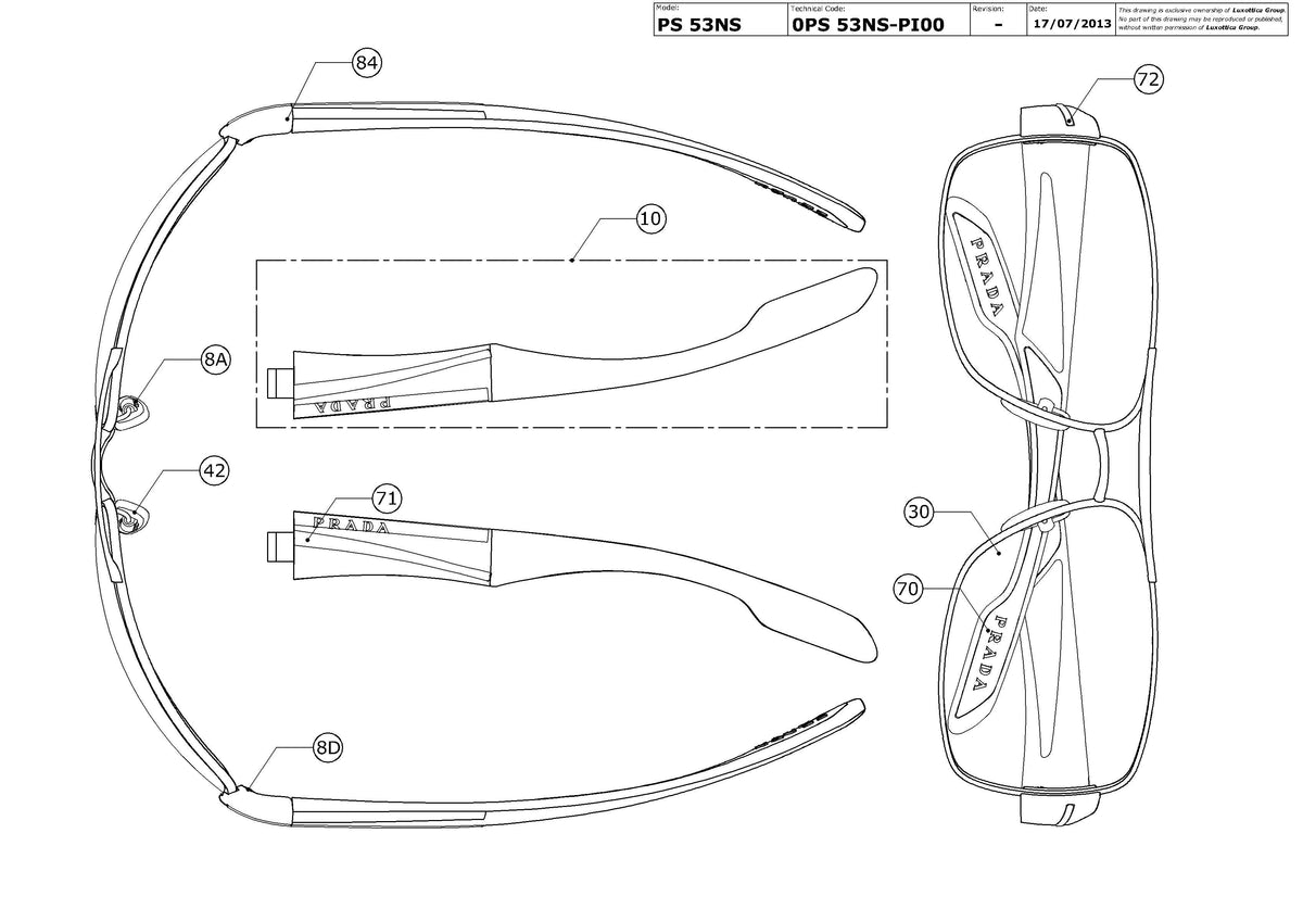 Exploded technical drawing of the Prada Linea Rossa PS 53NS Replacement Parts, with each replacement part numbered