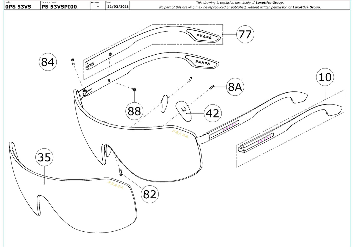 Exploded technical drawing of the Prada Linea Rossa PS 53VS Replacement Parts, with each replacement part numbered