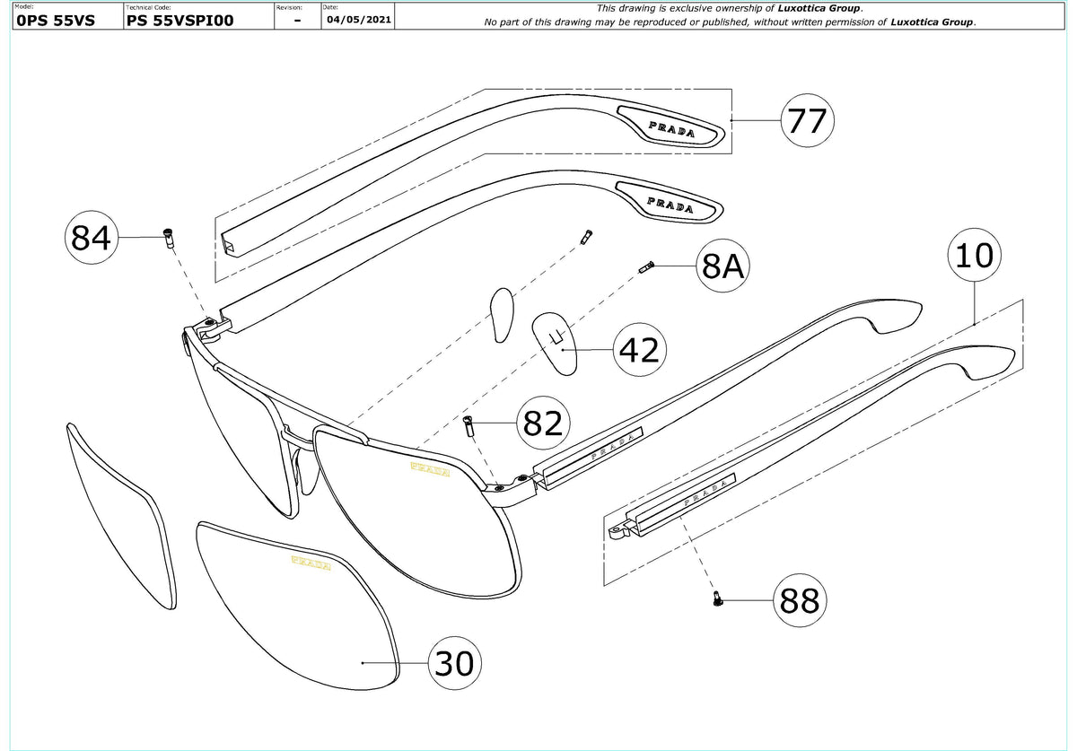 Enlarged technical drawing of the Prada Linea Rossa PS 55VS Replacement Parts