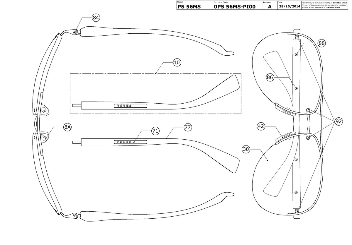 Exploded technical drawing of the Prada Linea Rossa PS 56MS Replacement Parts, with each replacement part numbered