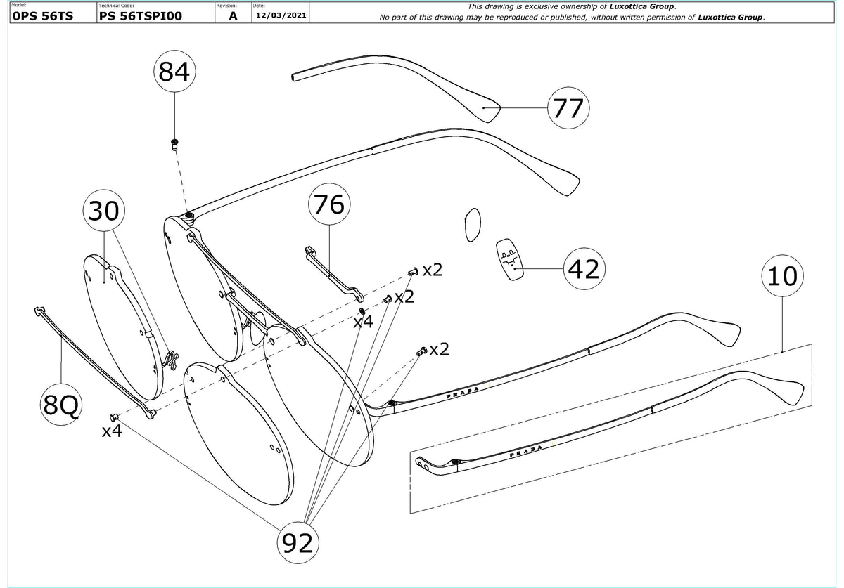 Enlarged technical drawing of the Prada Linea Rossa PS 56TS Replacement Parts