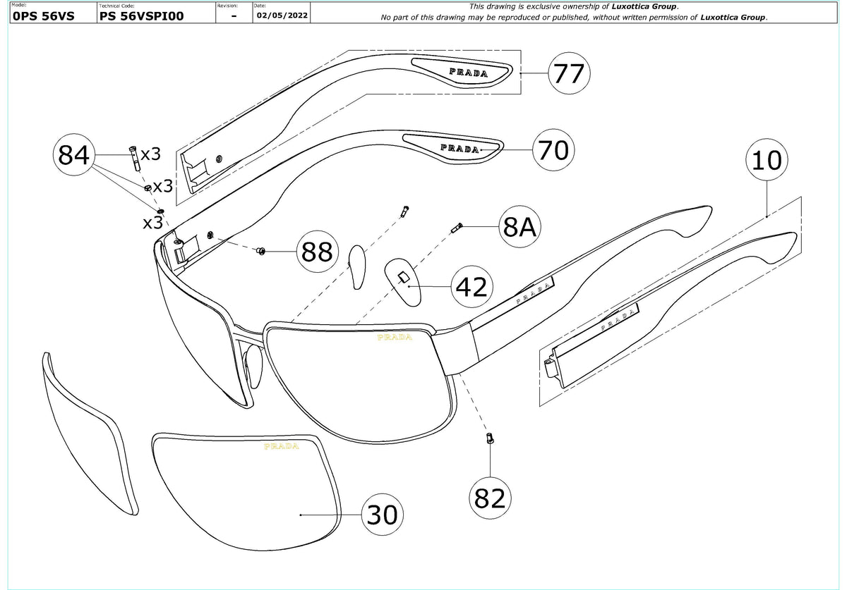 Enlarged technical drawing of the Prada Linea Rossa PS 56VS Replacement Parts