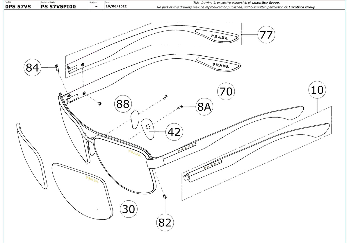 Exploded technical drawing of the Prada Linea Rossa PS 57VS Replacement Parts, with each replacement part numbered