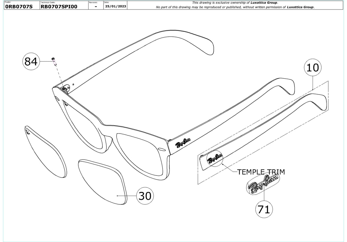 Exploded technical drawing of the Ray-Ban RB0707S Replacement Parts, with each replacement part numbered