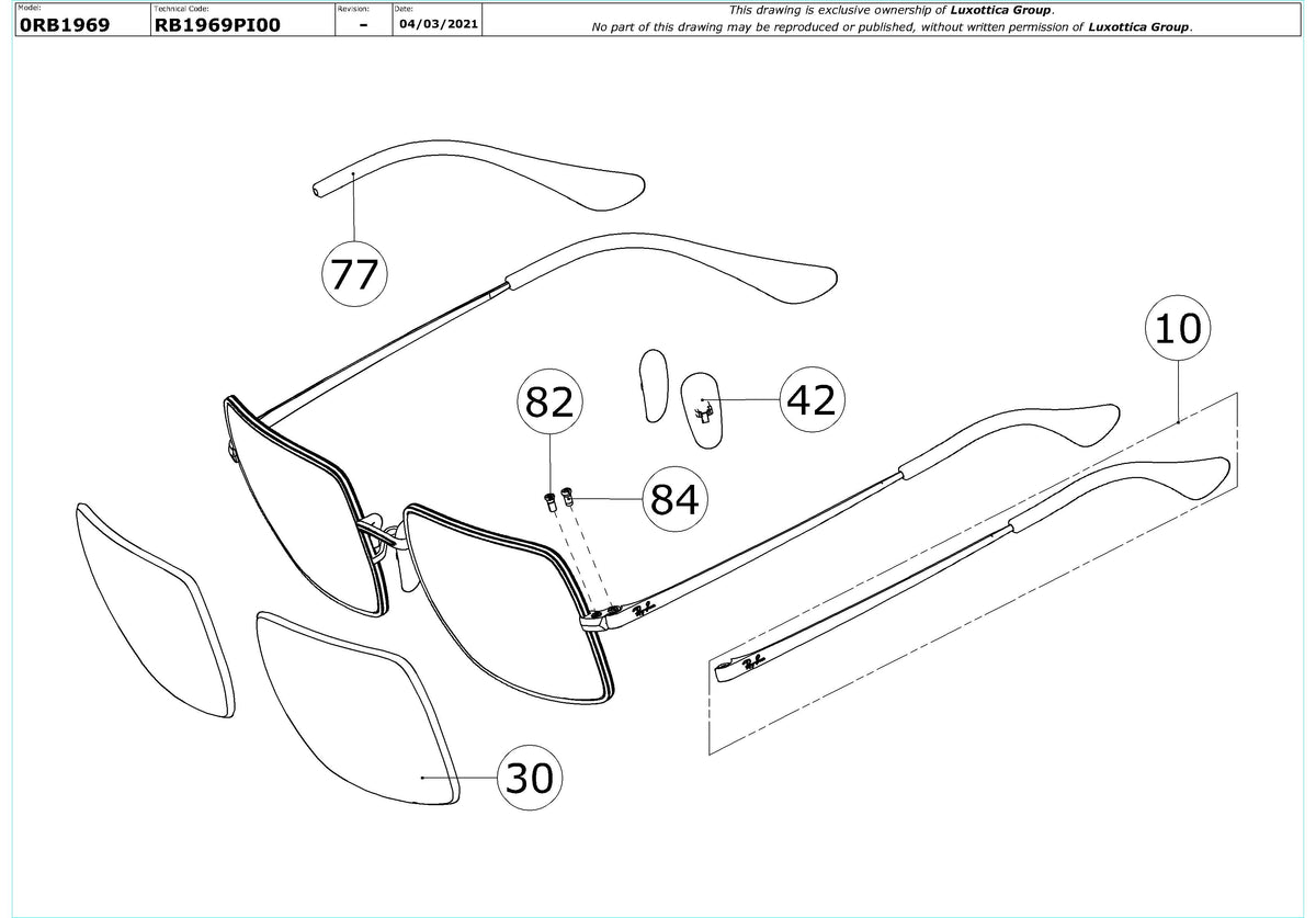 Enlarged technical drawing of the Ray-Ban Rectangle RB1969 Replacement Parts