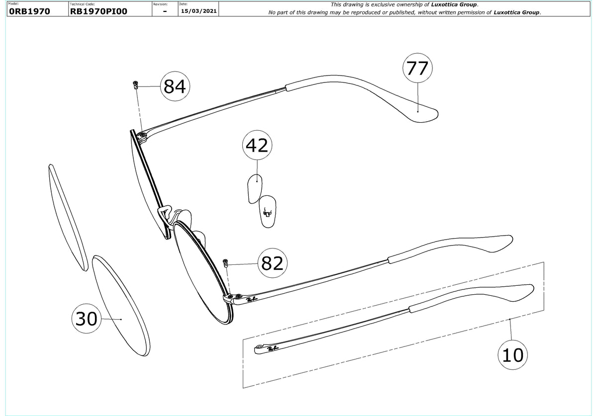 Enlarged technical drawing of the Ray-Ban Oval RB1970 Replacement Parts