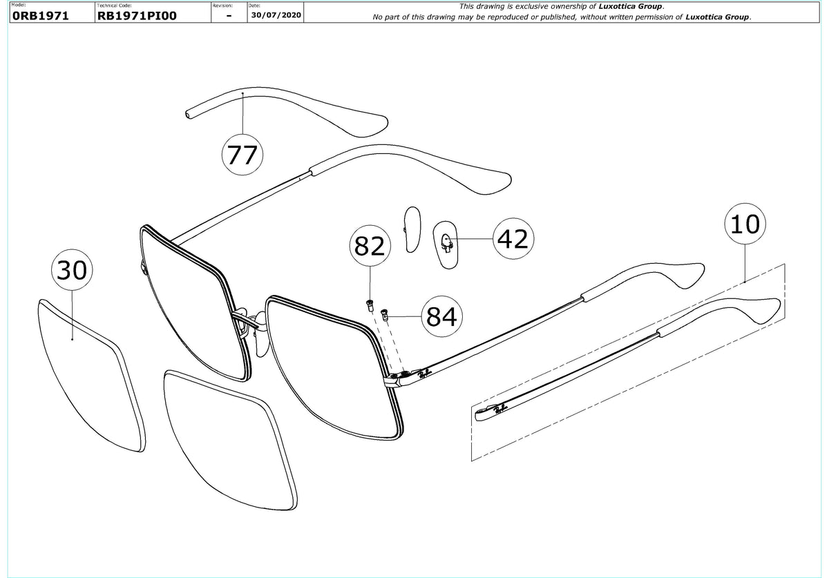 Exploded technical drawing of the Ray-Ban Square RB1971 Replacement Parts, with each replacement part numbered