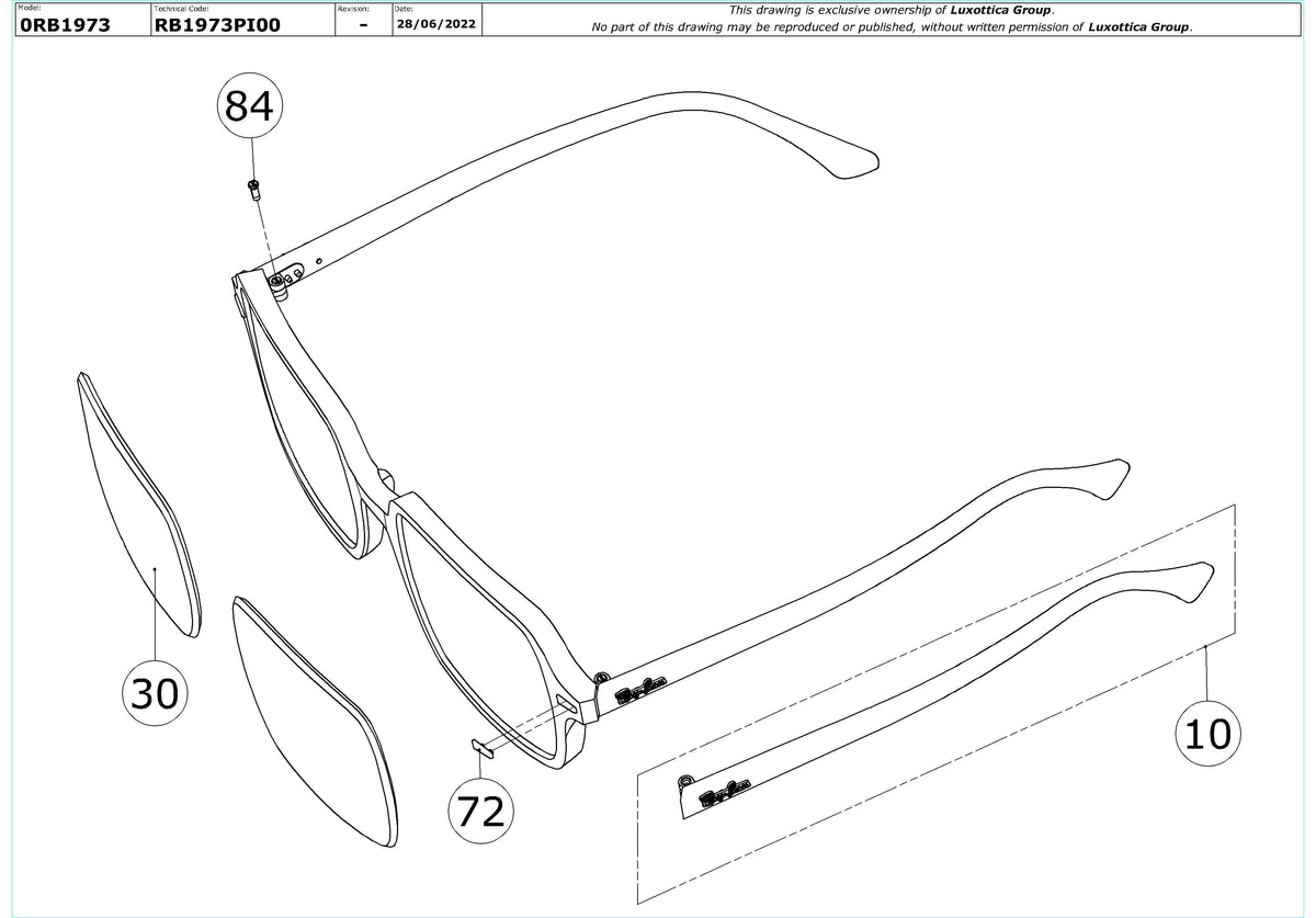 Exploded technical drawing of the Ray-Ban Square II RB1973 Replacement Parts, with each replacement part numbered