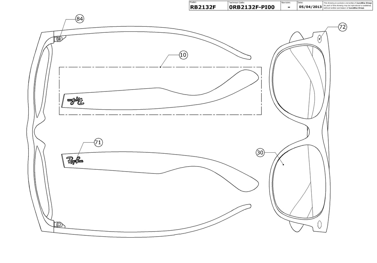 Enlarged technical drawing of the Ray-Ban New Wayfarer RB2132F Replacement Parts