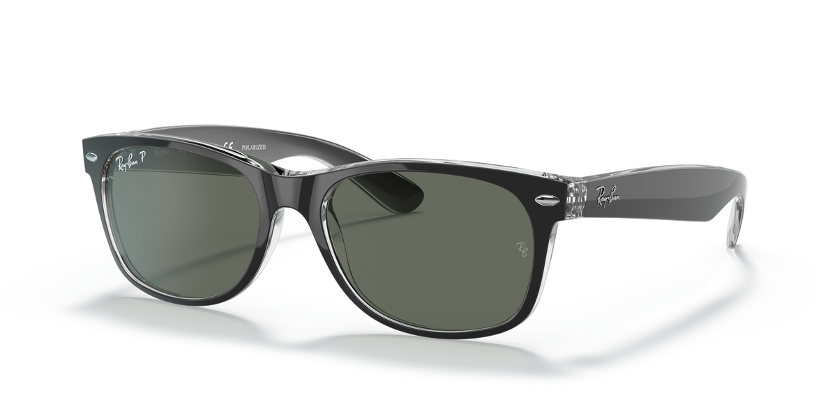 Ray-Ban RB2132 New Wayfarer in black on transparent with polarised G-15 green replacement lenses