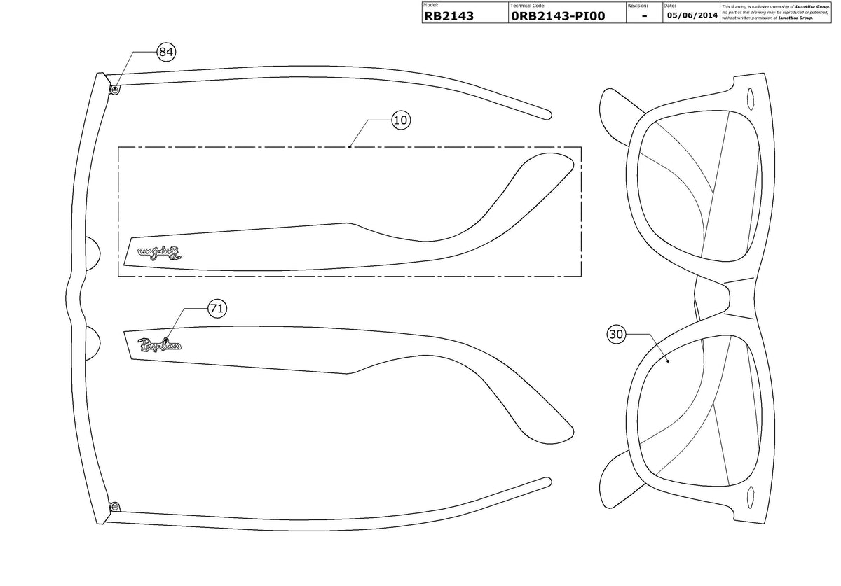 Enlarged technical drawing of the Ray-Ban Wayfarer II RB2143 Replacement Parts