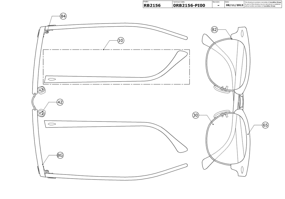 Exploded technical drawing of the Ray-Ban Clubmaster II RB2156 Replacement Parts, with each replacement part numbered