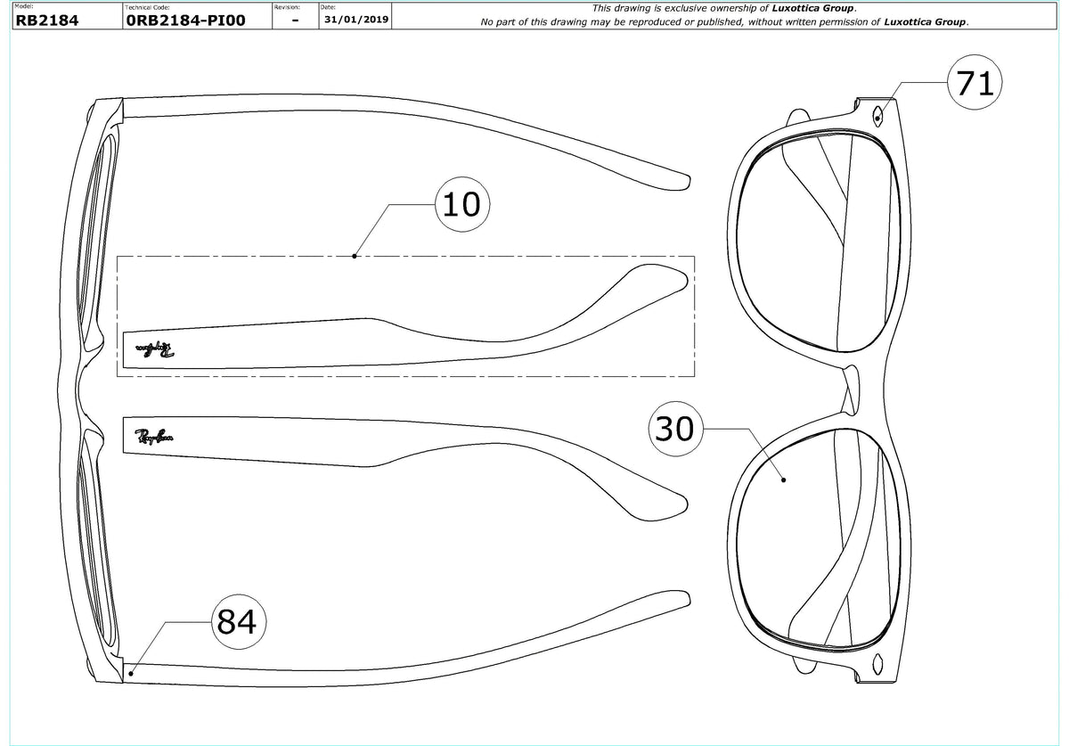 Enlarged technical drawing of the Ray-Ban RB2184 Replacement Parts