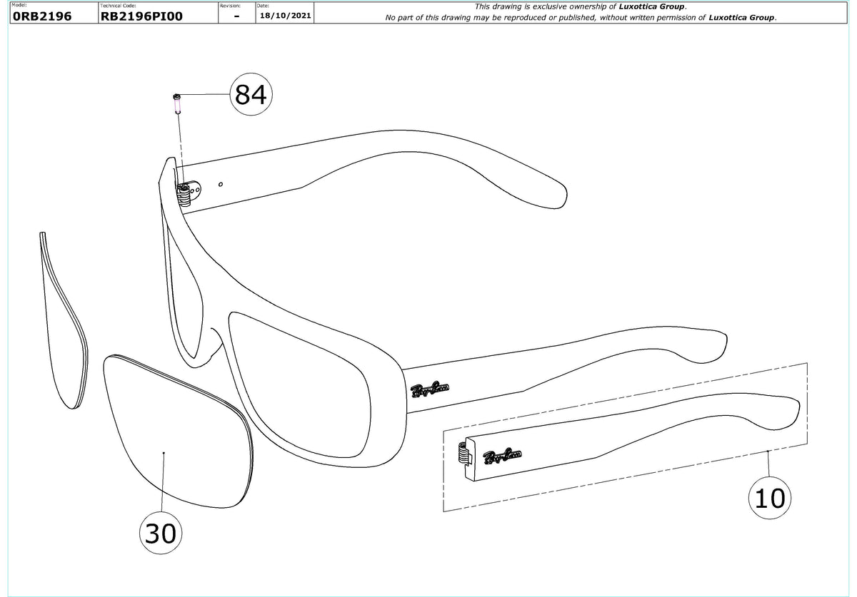Exploded technical drawing of the Ray-Ban Blair RB2196 Replacement Parts, with each replacement part numbered