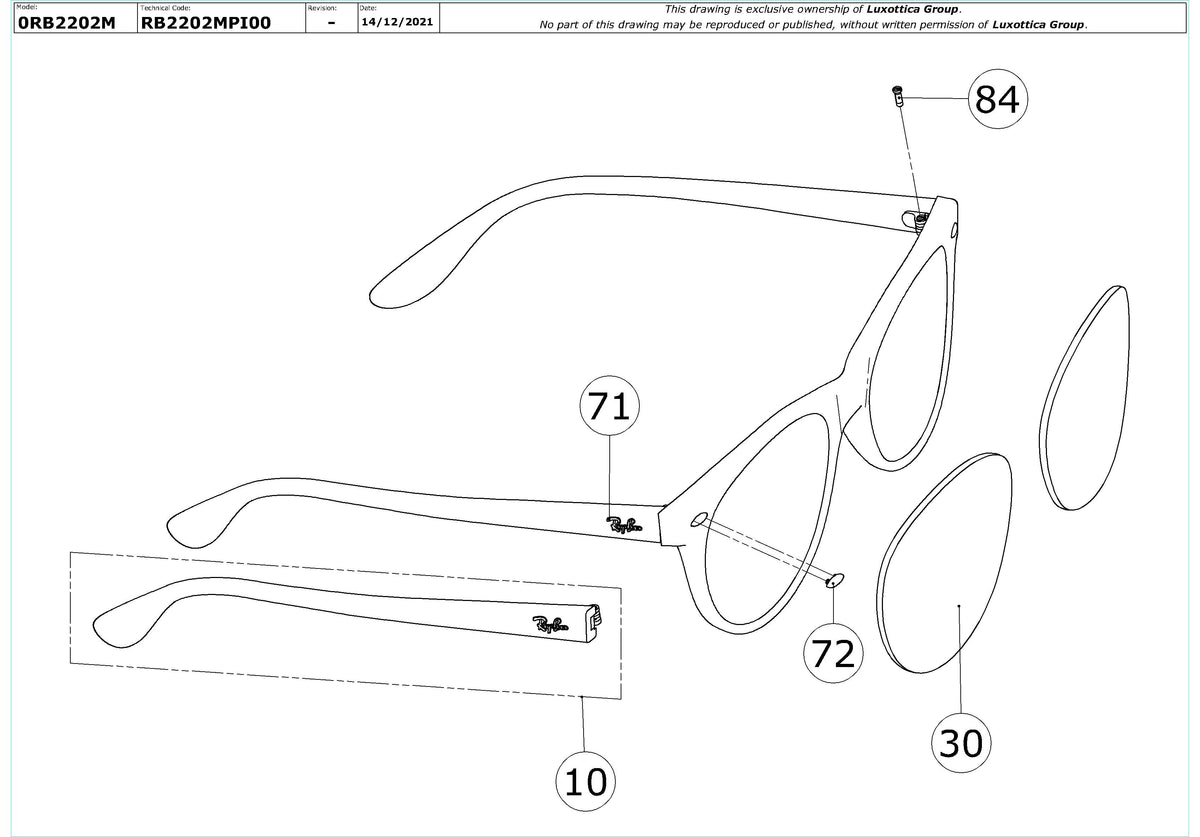 Enlarged technical drawing of the Ray-Ban RB2202M Replacement Parts
