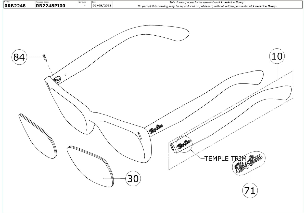 Exploded technical drawing of the Ray-Ban Caribbean RB2248 Replacement Parts, with each replacement part numbered