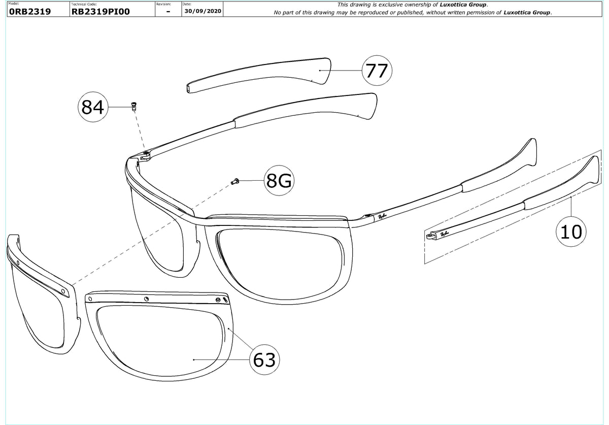 Exploded technical drawing of the Ray-Ban Olympian I RB2319 Replacement Parts, with each replacement part numbered