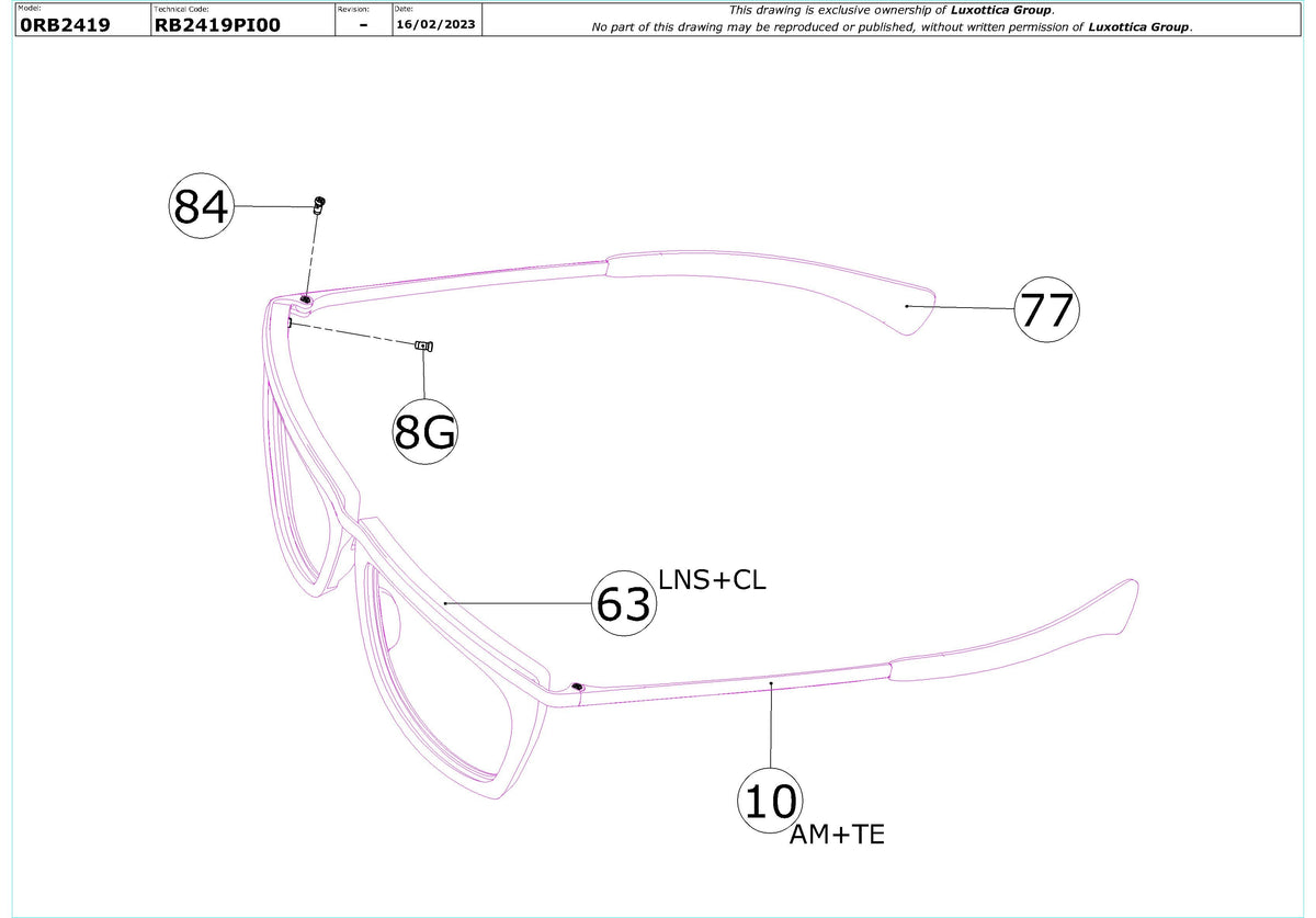 Enlarged technical drawing of the Ray-Ban Olympian II RB2419 Replacement Parts