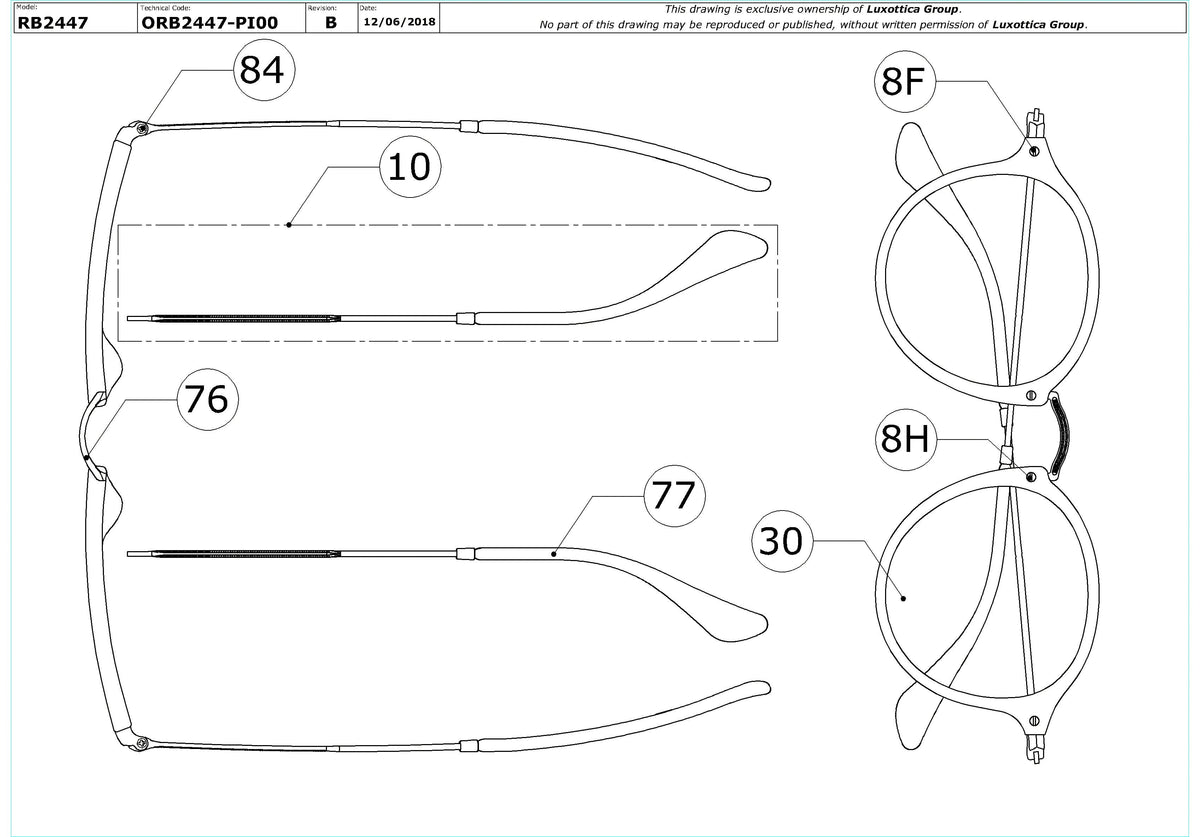 Exploded technical drawing of the Ray-Ban Round RB2447 Replacement Parts, with each replacement part numbered