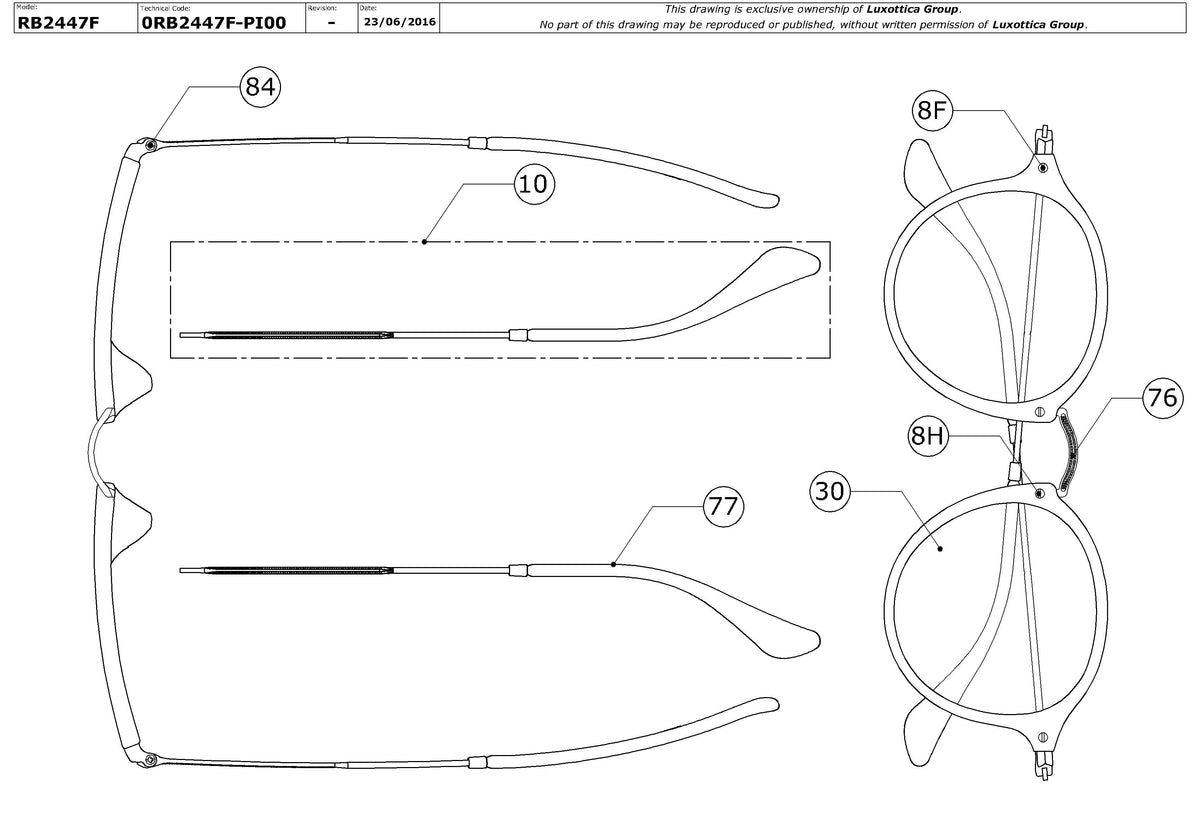 Enlarged technical drawing of the Ray-Ban Round RB2447F Replacement Parts