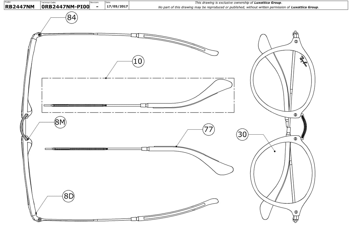 Enlarged technical drawing of the Ray-Ban Ferrari RB2447NM Replacement Parts