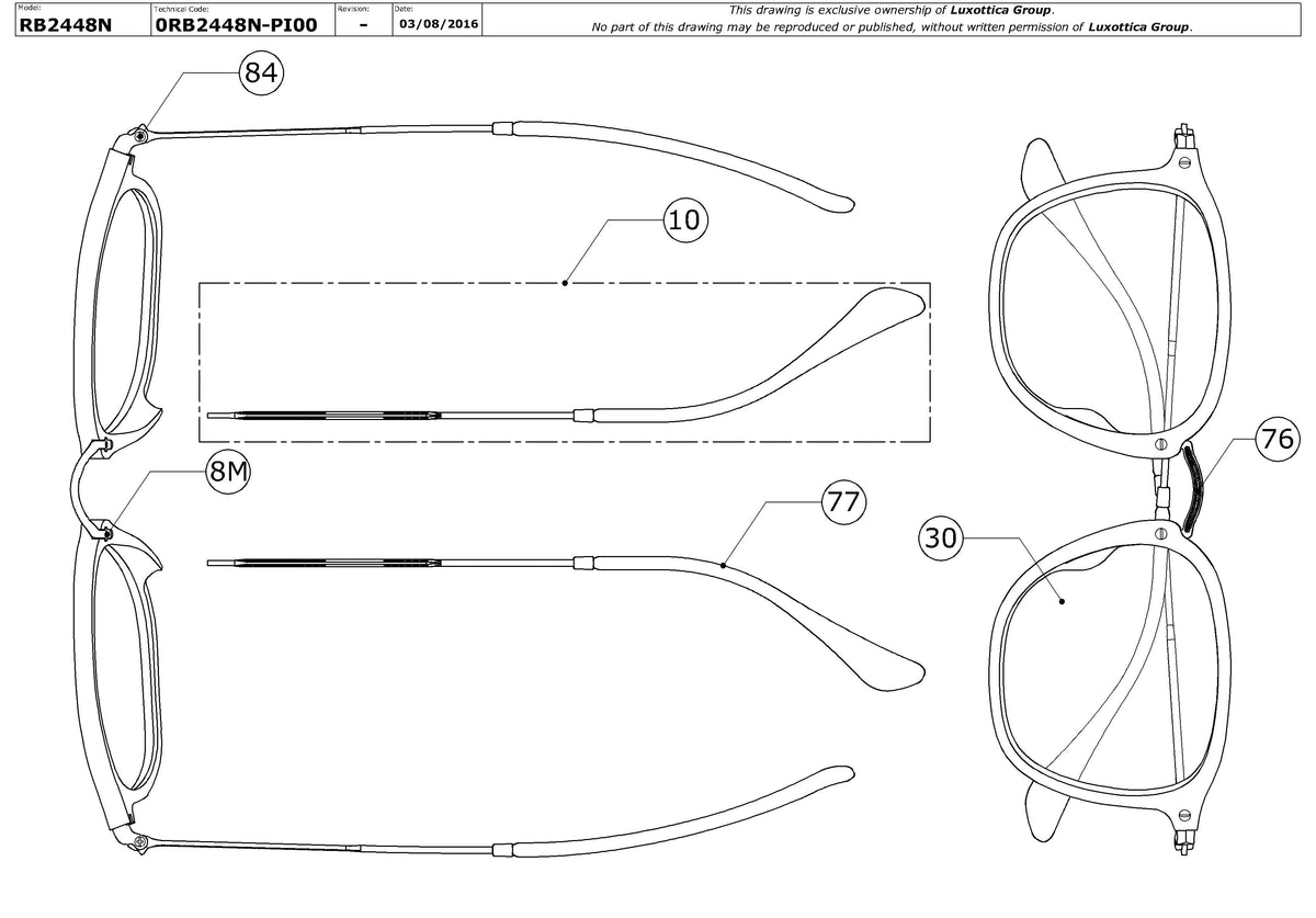 Exploded technical drawing of the Ray-Ban RB2448N Replacement Parts, with each replacement part numbered